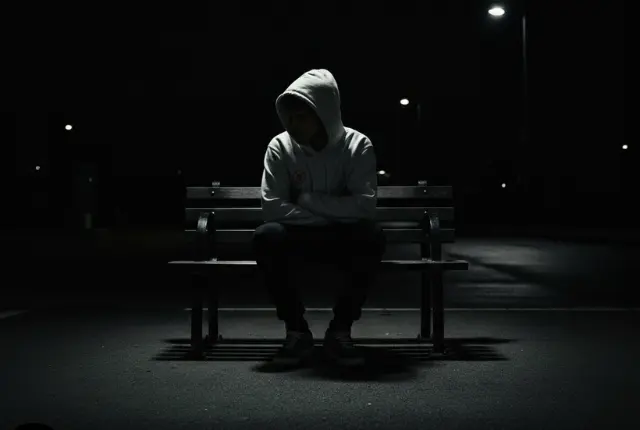 Bench Guy sits alone on a park bench under a single street light