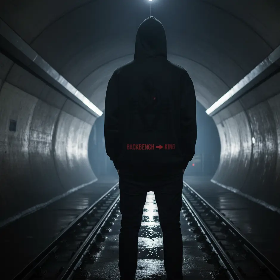 A hooded figure stands alone between rail tracks in a lit London tunnel